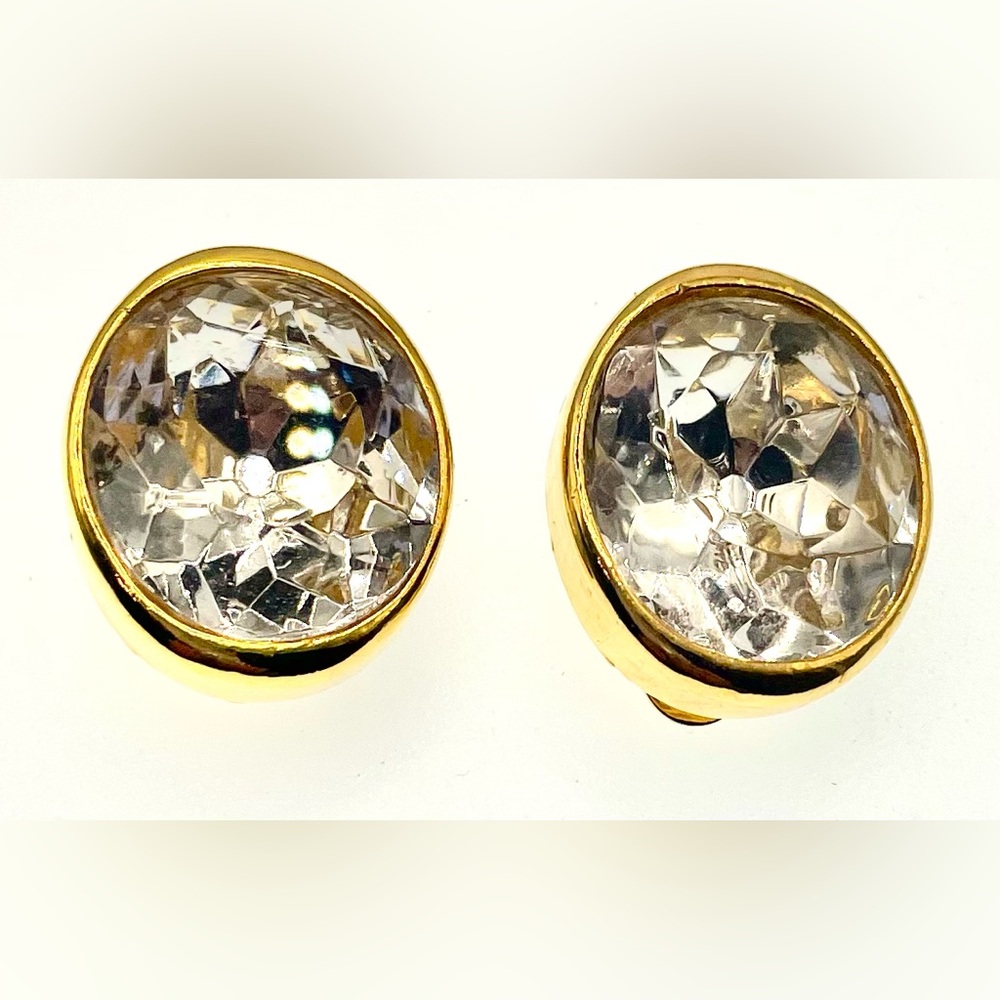 Vintage Signed KJL Gold Tone Large Oval Headlight Bezel Clip On Earrings Runway